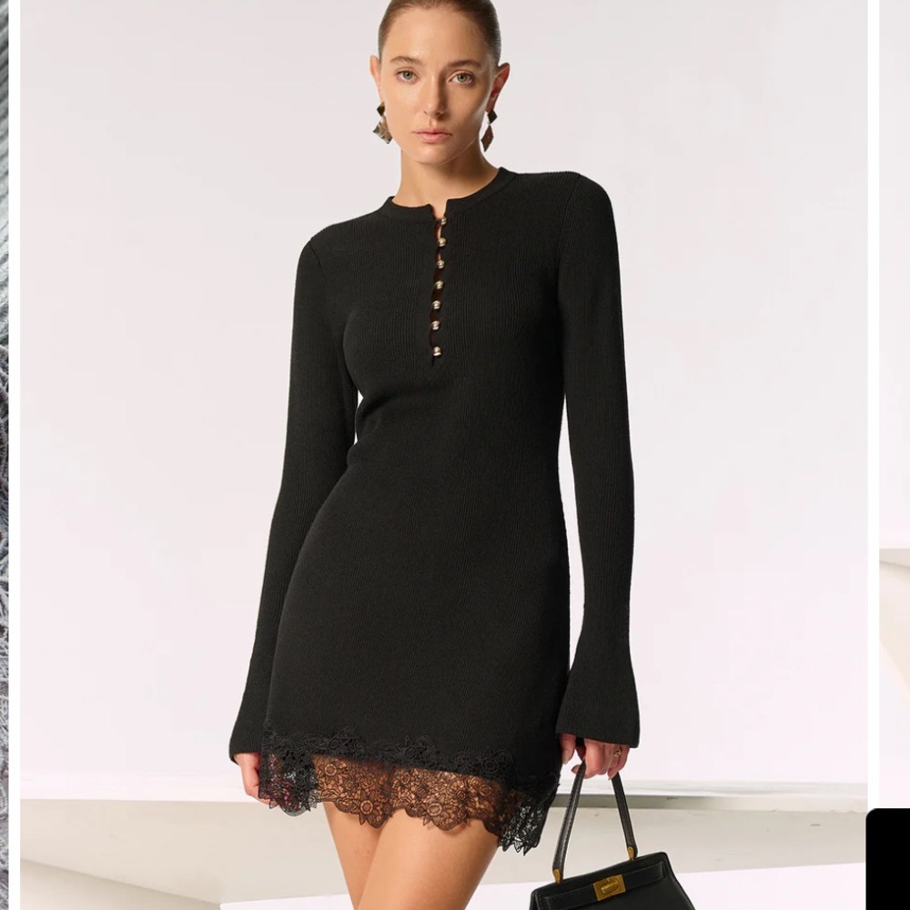 Commense Black Long Sleeve Dress with Lace Hem